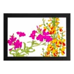 Infidu Vintage Floral Wall Art with bright pink and yellow-orange flowers, green leaves, and a black frame on a white background. hung on the wall