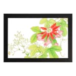 Infidu Vintage Floral Wall Art with a bright red flower, pink buds, green leaves, and small white flowers on a white background with a black frame. hung on the wall