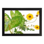 Vintage floral wall art with bright yellow flowers, green leaves, and a black frame on a white background. hung on the wall