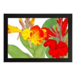 Vintage floral wall art with bright yellow and red flowers, green leaves, and a white background in a classic design. hung on the wall