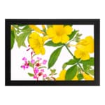 Infidu Vintage Floral Wall Art with yellow and pink flowers, green leaves, and a black frame on a white background. hung on the wall