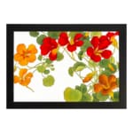Infidu vintage floral wall art with red and orange flowers, green leaves, and a black frame on a white background. hung on the wall