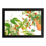 Infidu vintage wall art with green leaves, red-orange flowers, and a potted plant, framed in black on a white background for an elegant look. hung on the wall on a white background