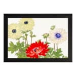 Vintage floral wall art with cream and red flowers, green leaves, and a white background in a classic design. hung on the wall on a white background