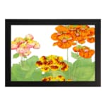 Infidu vintage wall art with orange, yellow, and pink flowers, and green leaves on a white background, framed in black for a timeless and elegant look. hung on the wall