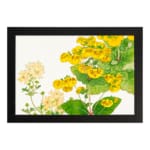 Infidu vintage wall art with bright yellow and pale yellow flowers, green leaves, and a black frame on a white background for an elegant look. hung on the wall on a white background