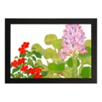 Infidu vintage wall art with soft pink and bright red flowers surrounded by lush green leaves on a white background, creating an elegant look. hung on the wall on a white background