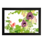 Infidu Vintage Floral Wall Art with deep purple and soft pink flowers, green leaves, and a black frame on a white background. hung on the wall.