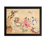 Traditional Asian garden scene with people in colorful robes sitting among trees and flowers on a beige background. hung on the wall
