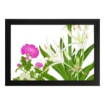 Infidu vintage wall art with delicate white and pink flowers, green leaves, and a black frame on a white background for a timeless botanical look. hung on the wall on a white background