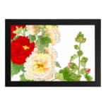 Infidu vintage wall art with red, white, and yellow flowers, green leaves, and a black frame on a white background for a timeless botanical look. hung on the wall on a white background