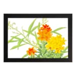 Infidu vintage wall art with orange and yellow flowers, green leaves, and a black frame on a white background for a timeless and elegant look. hung on the wall on a white background