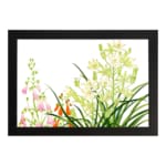 Infidu vintage wall art with green, pink, white, and orange flowers, lush leaves, and a black frame on a white background for a timeless look. hung on the wall on a white background