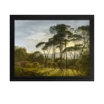 Vintage wall art of a serene forest with sunlight streaming through trees and distant hills in the background. hung on the wall