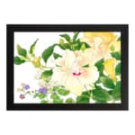 Infidu vintage wall art with soft yellow, white, and purple flowers, green leaves, and a black frame on a white background for a timeless botanical look. hung on the wall on a white background