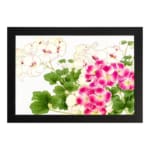 Infidu vintage wall art with pink and white flowers, green leaves, and a black frame on a white background for a timeless and elegant look. hung on the wall on a white background
