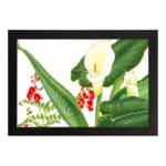 Infidu vintage wall art with white calla lilies, red flowers, and green leaves on a white background, framed in black for a classic and stylish look. hung on the wall
