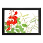 Infidu vintage wall art with bright red flowers and green leaves, set against a white background and framed in black for a classic and elegant look. hung on the wall