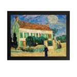 Infidu vintage wall art featuring a house with a red roof, green shutters, and a bright blue sky with the sun or moon shining, surrounded by lush grass and a walking path. hung on the wall on a white background