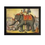 Vintage wall art of a grand elephant parade with red and gold decorations, surrounded by people in a festive village scene. hung on the wall