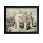 Vintage wall art featuring a polar bear in an icy Arctic landscape with icebergs, explorers, and a soft blue and pink sky. hung on the wall