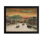 Infidu vintage wall art of a winter scene with horse-drawn sleighs passing through a snowy town, featuring warm sky tones and a peaceful landscape. hung on the wall on a white background