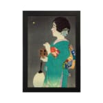 Infidu vintage wall art featuring a traditional Japanese woman in a teal kimono with intricate patterns, holding a fan and a small box, gazing at a glowing object against a muted gray background. hung on the wall on a white background