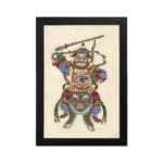 Infidu vintage wall art featuring a Chinese warrior in vibrant red, green, blue, and gold attire, standing atop a fierce mythical beast while wielding a staff, set against an off-white background. hung on the wall on a white background