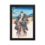 Vintage wall art of a Japanese samurai in a floral kimono standing in a peaceful winter scene with a snowy backdrop and a tree branch. hung on the wall