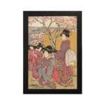 Japanese women in traditional kimonos standing under cherry blossom trees in a serene vintage-style outdoor setting. hung on the wall