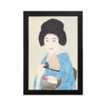Vintage art of a Japanese woman in a light blue kimono holding a fan with a calm expression and soft background. hung on the wall