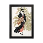 Vintage wall art of a Japanese woman in a black kimono holding a fan, with delicate trees in the background. hung on the wall