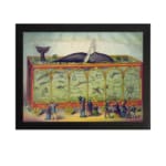 Vintage wall art of a whale exhibition featuring a large whale in a glass enclosure with spectators in classic attire and a nostalgic setting. hung on the wall