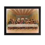 Vintage wall art of the Last Supper with Jesus and his disciples in a detailed, warm-toned biblical setting. hung on the wall