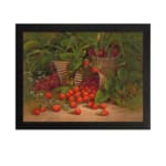Rustic vintage wall art featuring strawberries spilling from wooden baskets with green leaves and a garden background. hung on the wall.