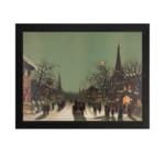 Infidu vintage wall art featuring a winter city scene with snowy streets, people walking, horse-drawn carriages, and warm golden lights from historic buildings, creating a cozy, old-fashioned atmosphere. hung on the wall on a white background