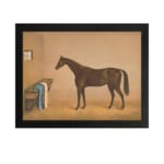 Infidu vintage wall art featuring an elegant horse standing in a cozy stable, with soft brown and beige tones, a small window, and rustic details. hung on the wall on a white background