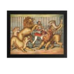 Vintage wall art of lion tamer in red outfit with multiple circus lions in dynamic poses inside a cage. hung on the wall