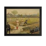 Vintage wall art of a classic baseball game with players in red and blue uniforms on a grassy field, trees and flags in the background. hung on the wall