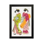 Two Japanese women in traditional green and red kimonos with decorative items, illustrated in elegant vintage style. hung on the wall
