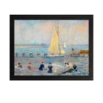Infidu vintage wall art featuring a peaceful seaside scene with a sailboat on calm waters, people on the beach, and soft pastel colors in the sky. hung on the wall on a white background