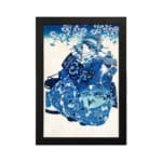Infidu vintage wall art featuring a graceful figure in a patterned kimono with floral details, set against a soft cherry blossom background in a classic blue and white color scheme. hung on the wall on a white background