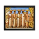 Infidu vintage wall art featuring a group of women in traditional clothing carrying baskets, set against a tropical backdrop with banana trees and a bright blue sky. hung on the wall on a white background