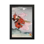 Infidu vintage wall art featuring a gracefully dressed figure in traditional Japanese attire against a serene moonlit sky, with rich red and pink floral designs contrasting a soft gray and blue background. hung on the wall on a white background