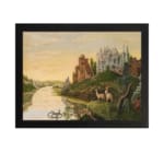 Dreamy vintage river landscape with deer, two castles, and a golden sky in a peaceful fairytale setting. hung on the wall