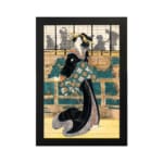 Vintage wall art of a Japanese woman in a black kimono with floral sash, standing before a traditional wooden building. hung on the wall