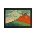 Infidu vintage wall art featuring an iconic view of Mount Fuji with a red-orange peak, a blue sky, and lush green surroundings in a traditional Japanese style. hung on the wall on a white background