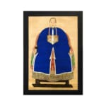 Vintage wall art of a classic East Asian portrait showing a person in a royal blue robe with gold accents on a beige background. hung on the wall