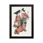 Two figures in traditional Japanese kimonos with orange, green, and black patterns standing gracefully on a plain white background. hung on the wall