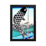 Infidu vintage wall art featuring a black koi fish hanging on a pole with intricate scales, set against a traditional Japanese landscape with a blue sky, serene water, and a classic bridge. hung on the wall on a white background